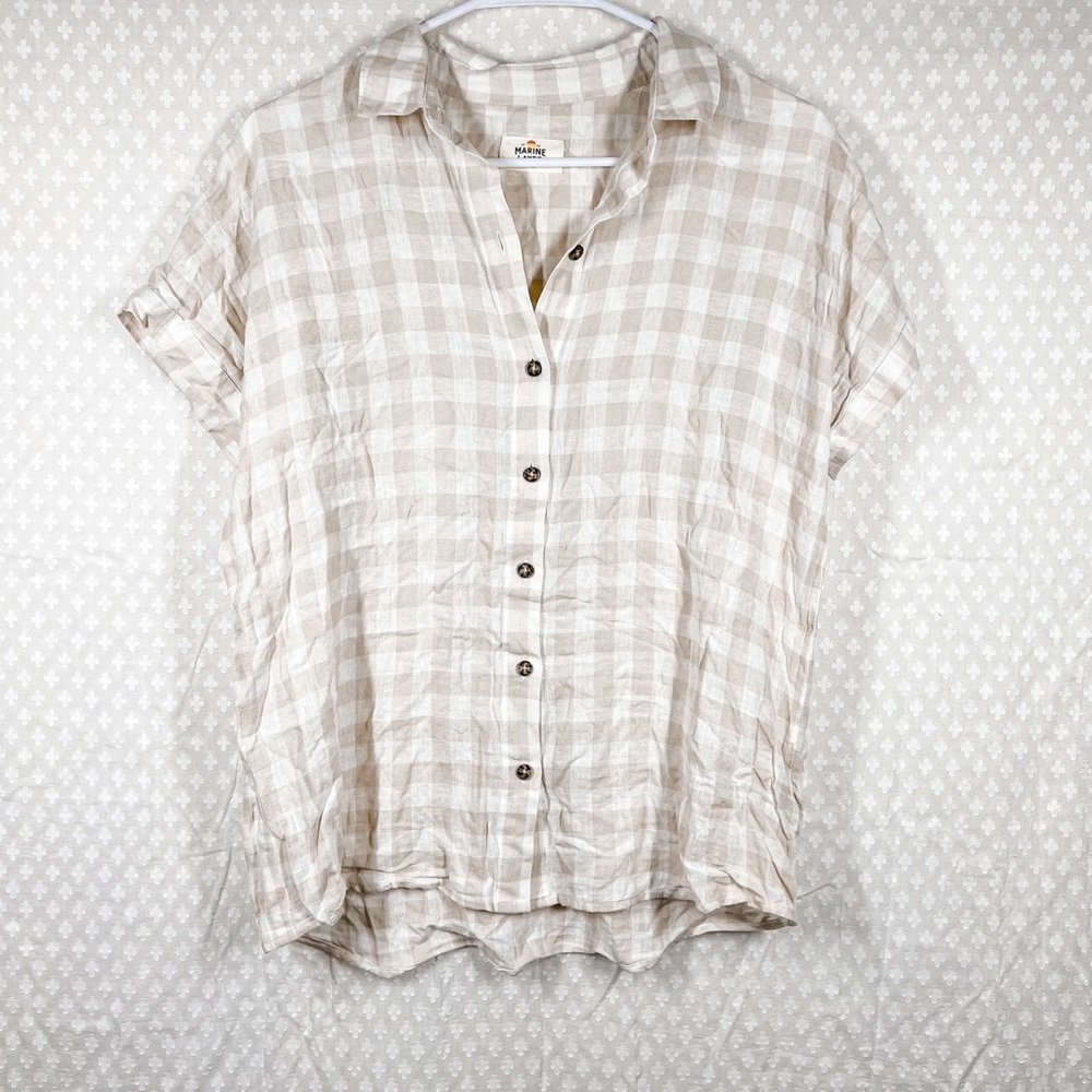 Marine Layer Cream‎ Tan Linen Blend Gingham Button Up Top